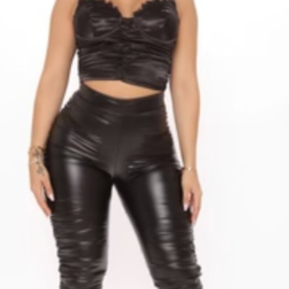 Heat Wave Faux Leather Stacked Legging - Black Size: L
